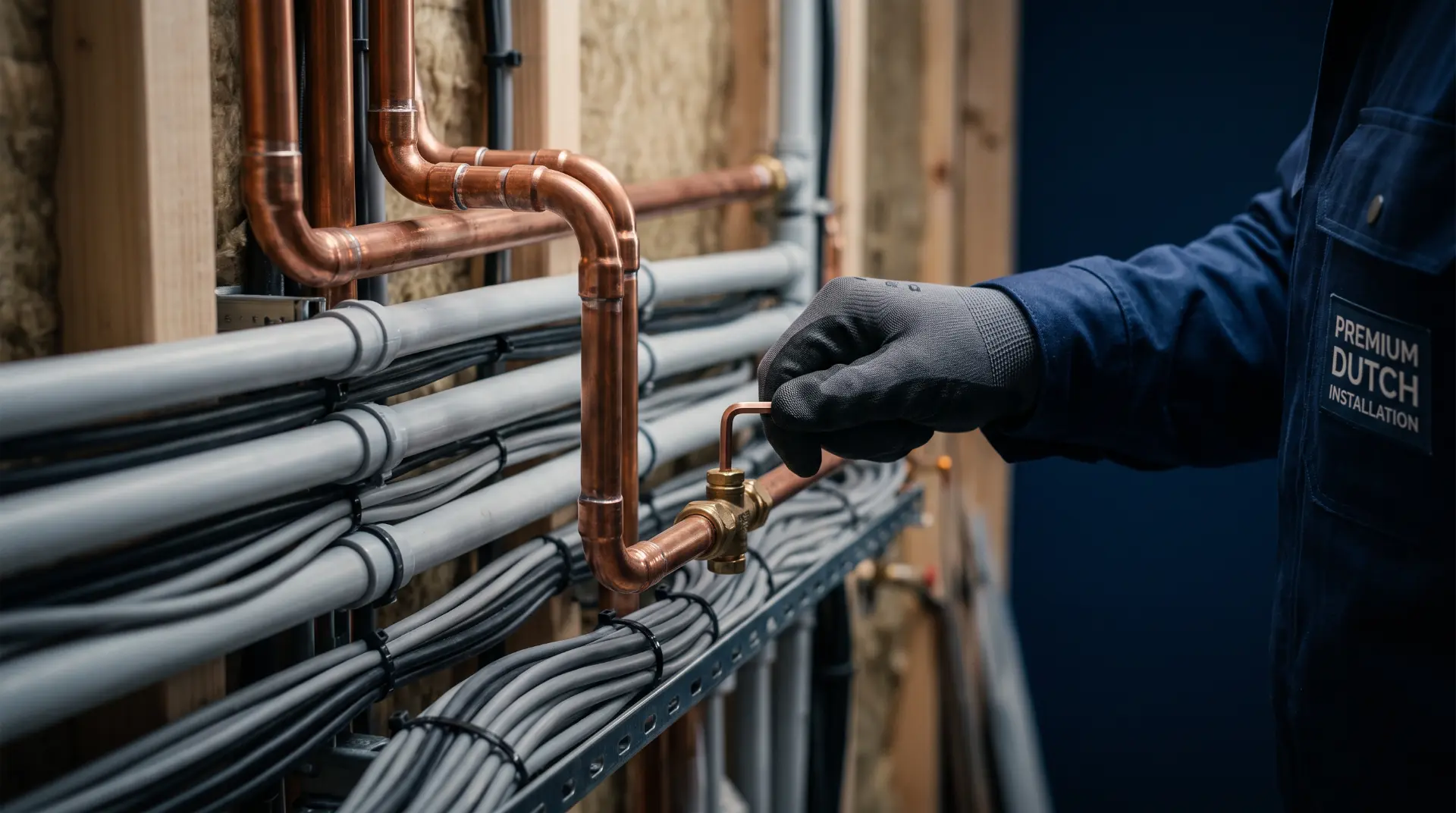 Installateur monteert koperen waterleidingen en afvoerleidingen in een wand