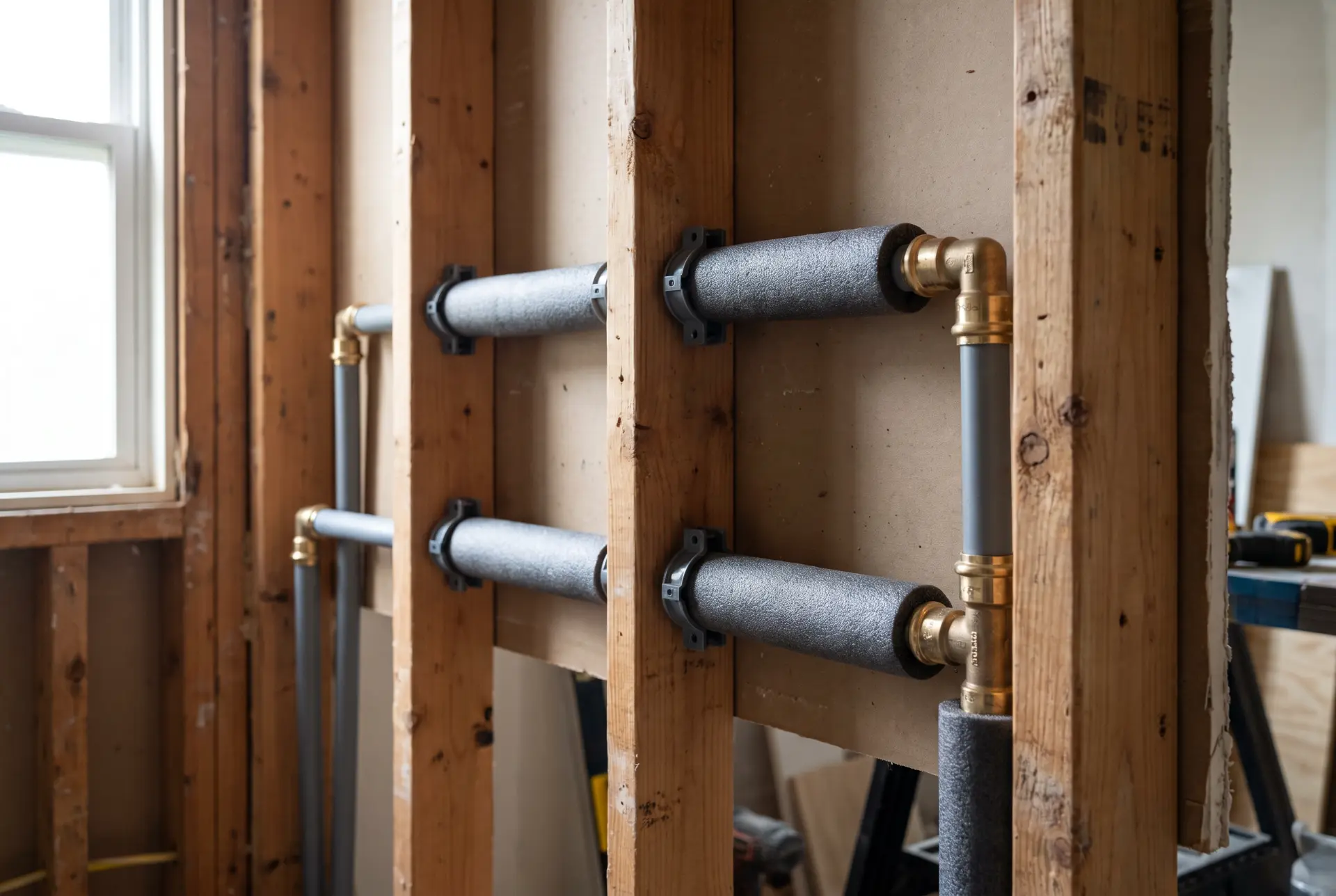 Geïsoleerde leidingen door houten wandstijlen tijdens een verbouwing