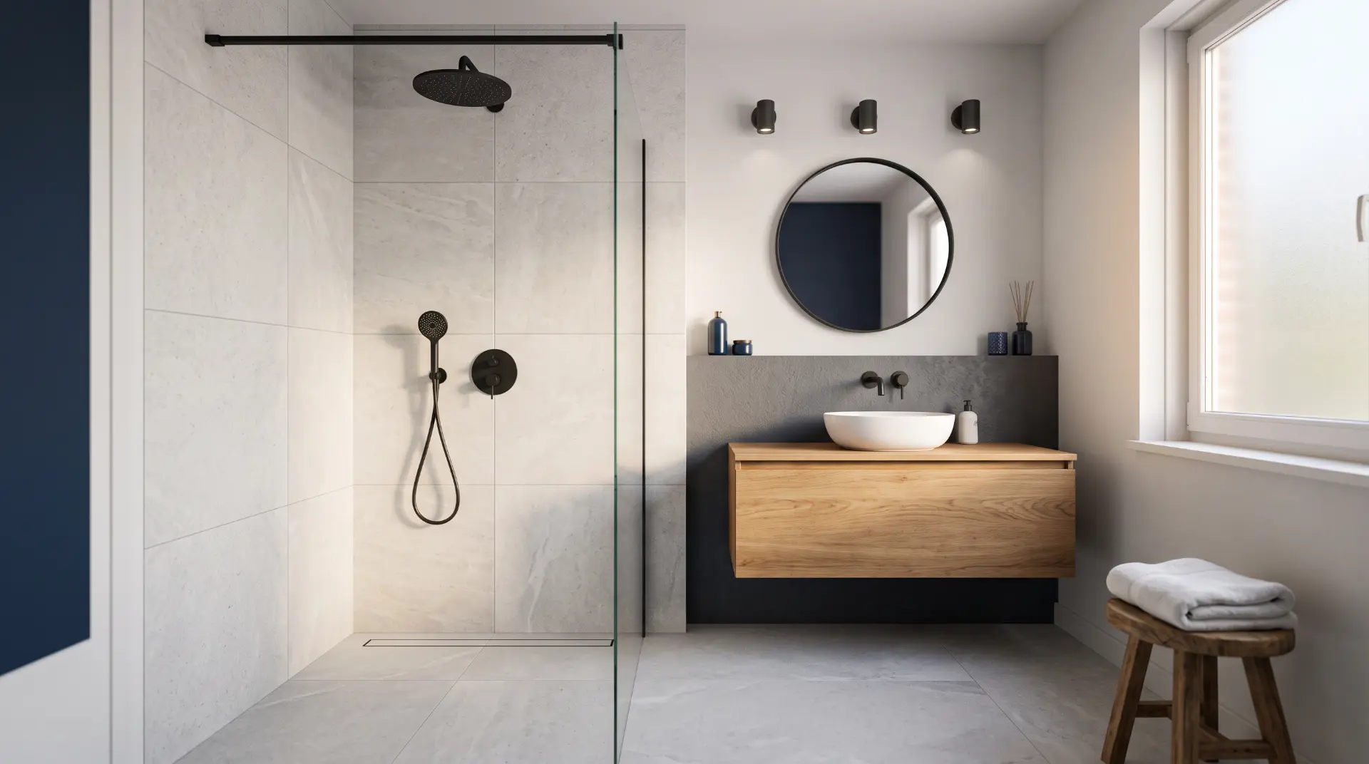 Moderne badkamer met inloopdouche, zwarte kranen en houten wastafelmeubel