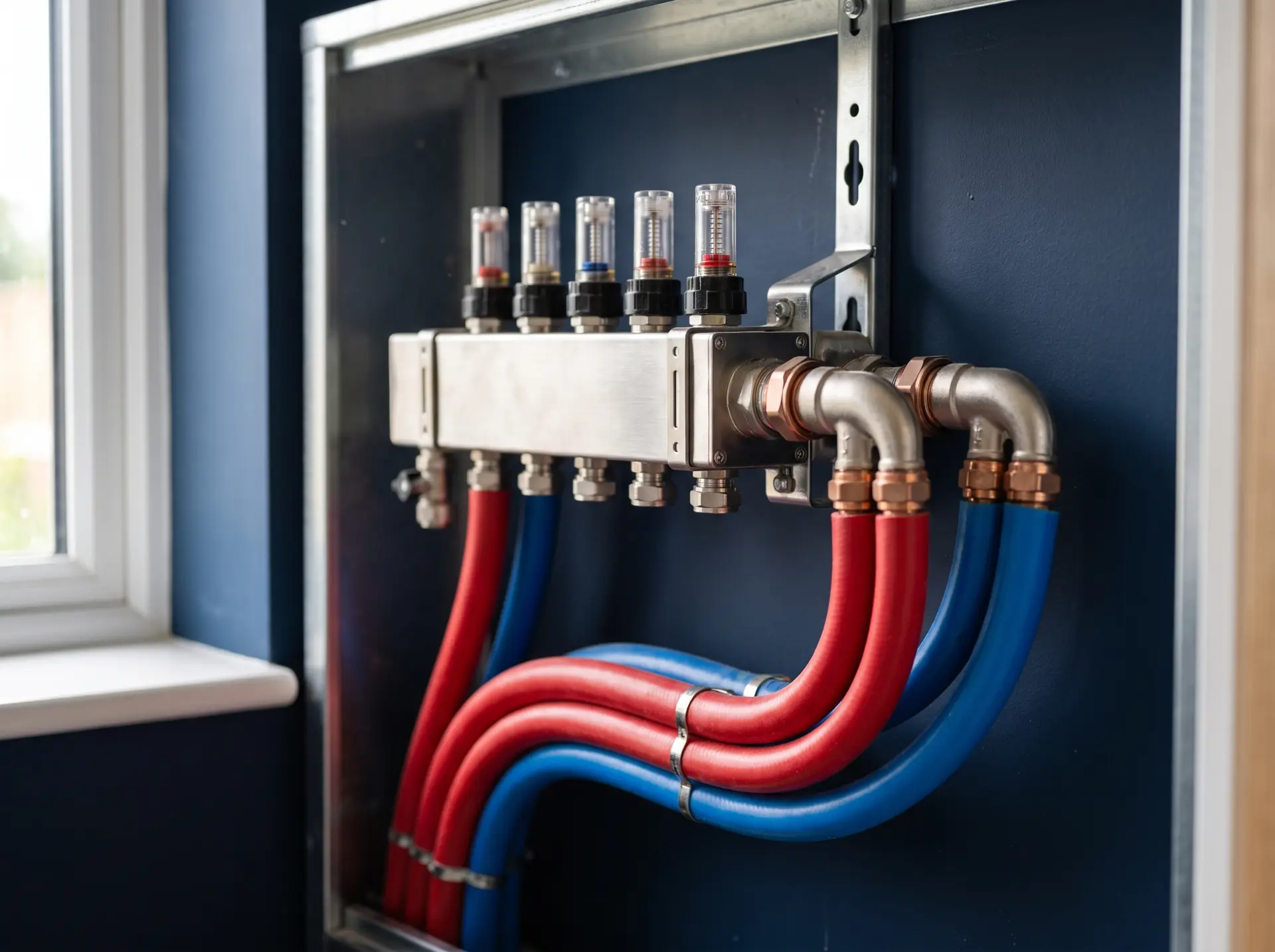 RVS vloerverwarmingsverdeler met flowmeters en rode en blauwe leidingen